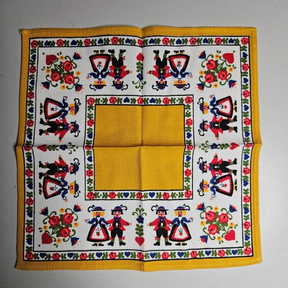 Vintage Folk Art Linen Napkins Set of 3 Yellow Scandinavian Germanic Floral 11in